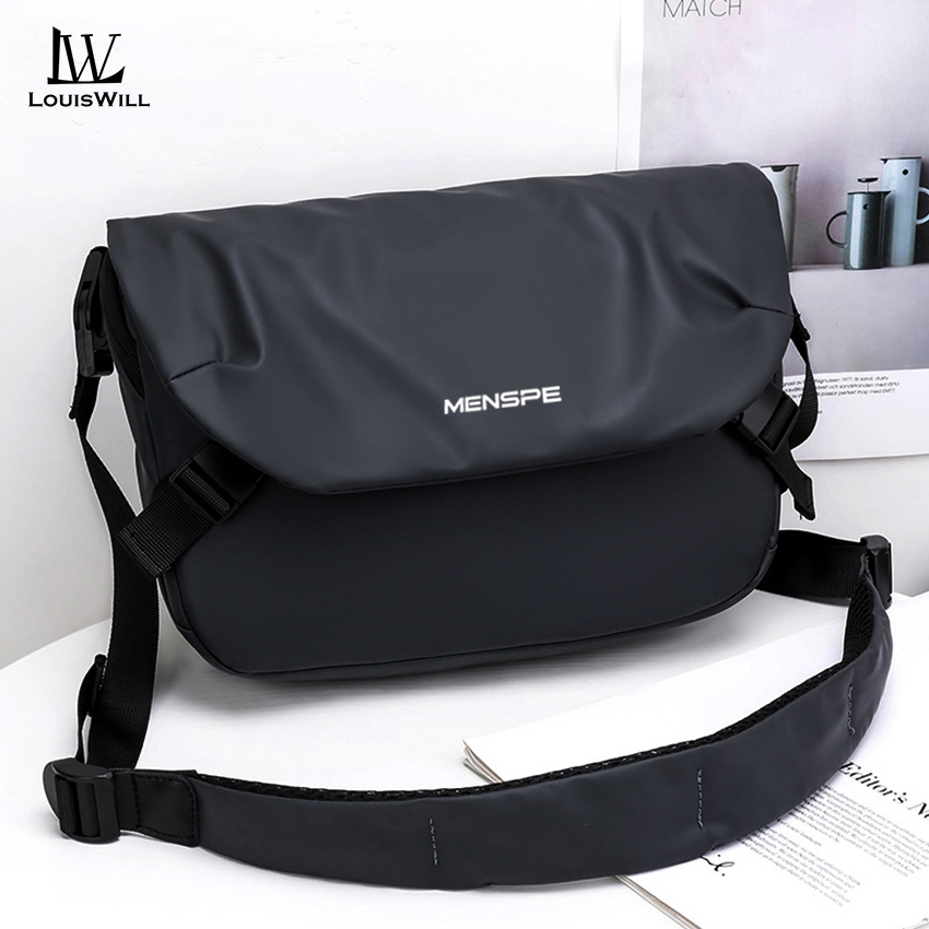 Louiswill กระเป๋าสะพายผู้ชาย Messenger กันน้ำ ใยโพลีเอสเตอร์ สีดำ/เทา