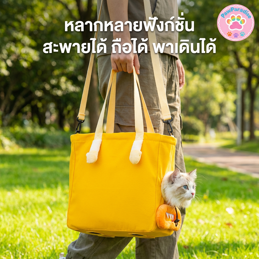 PawParadise® กระเป๋าใส่สัตว์เลี้ยง พับได้ 3 วินาที สุนัข-แมว ตาข่าย 4 ด้าน ระบายอากาศ 360° ซิปล็อก 2 ชั้น ป้องกันหลุด ผ้าแคนวาสลายใหม่ กันน้ำ ซักเครื่องได้