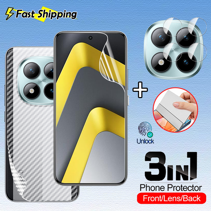 3in1 สําหรับ Xiaomi Poco M8 M7 Pro PocoM8 PocoM7 Plus 4G 5G ป้องกันหน้าจอ Hydrogel ด้านหน้าลายนิ้วมือนุ่มปลดล็อคโปร่งใส HD ครอบคลุมกลับป้องกันฟิล์ม