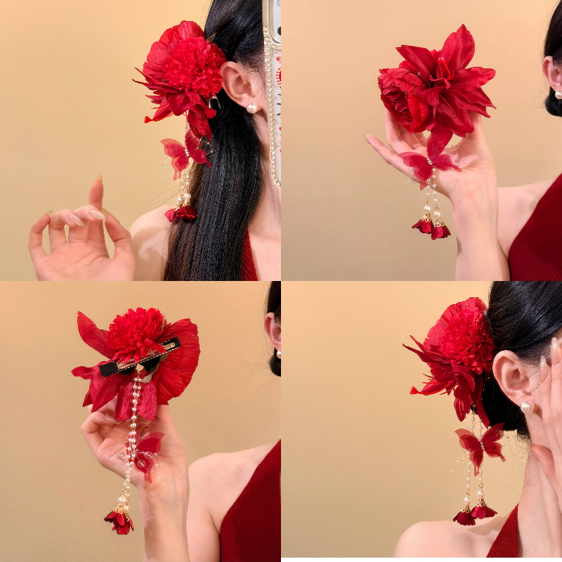 ใหม่! อัญมณีผมแบบจีนโบราณและกี่เพ้า พร้อมหัวติดผมเป็นรูปดอกไม้สีแดงสำหรับปีใหม่🔥 รวมภาษีแล้ว