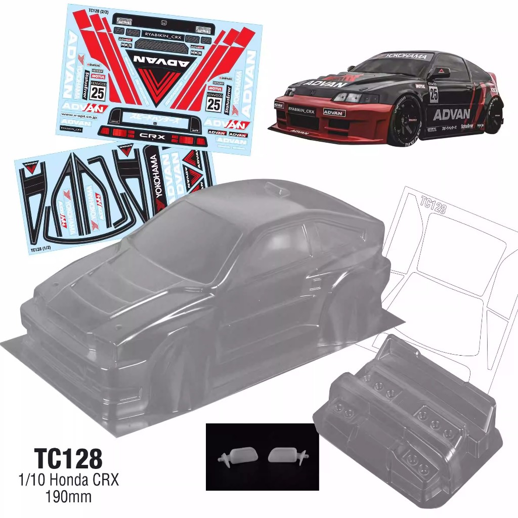 1/10 PC RC TC128 1/10 Honda CRX Shell Body 190 มม.กว้าง 260 มม.ฐานล้อโคมไฟ Tail Wing กระจกโปร่งใสสํา