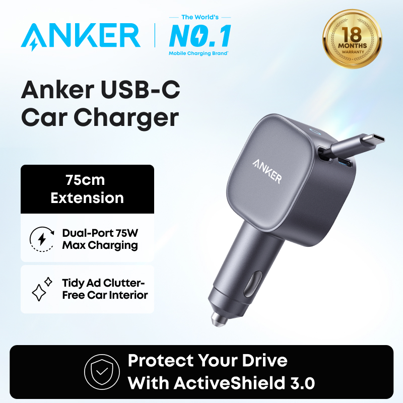 ANKER Nano Car Charger 75W Fast Charging Type-C 75cm Extension ที่ชาร์จเร็วในรถ มีสายชาร์จในตัวยืดหดได้ Tidy And Clutter- Free Car Interior for iPhone 15-17 Samsung