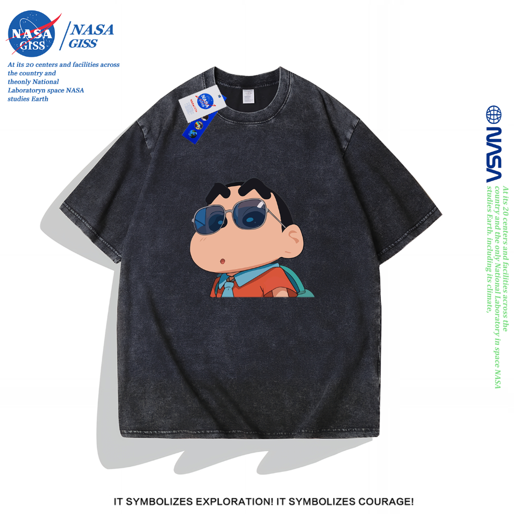 NASA เสื้อยืดฟอก oversize ชายหญิงแขนสั้น สตรีทฮิปฮอป summer เครยอนชินจัง พิมพ์ลาย คอตตอน100% คอกลม หลวมและระบายอากาศ