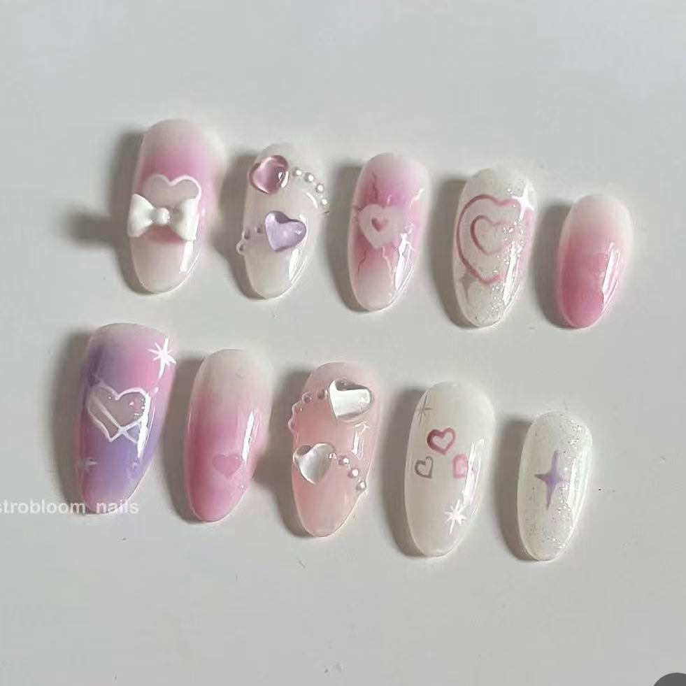 Dream Pink Gradient Wear Nails ins Hand-Painted Hollow Angel y2k Short Almond Nails Patch