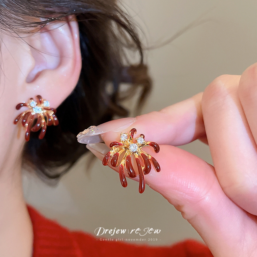 เดรช สีแดงเคลือบดอกไม้ต่างหูมุกผู้หญิงการออกแบบกรอบสีทองแฟชั่นทุกวันหรูหราอินเทรนด์อุปกรณ์เสริมเครื่องประดับสไตล์ - รูปที่ 2