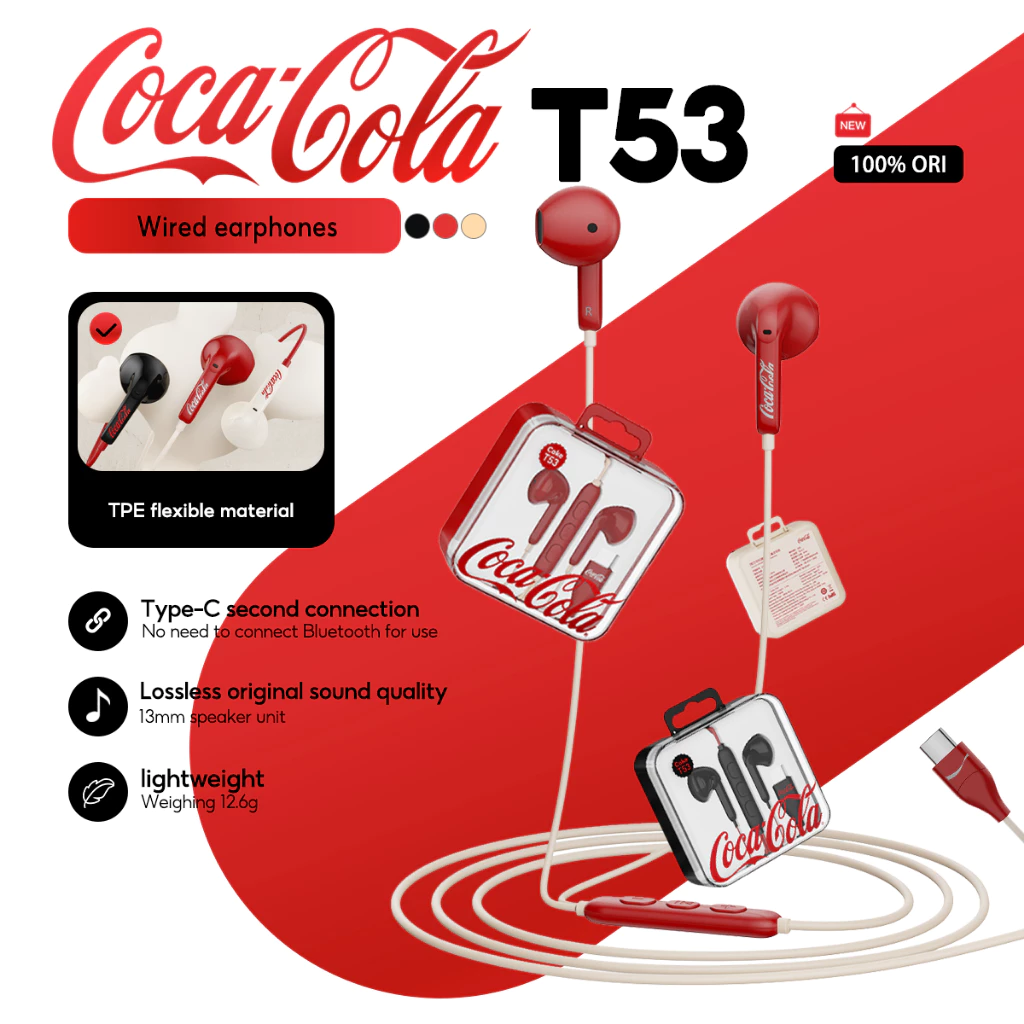 Coca-Cola T53 หูฟังแบบมีสายกลางแจ้งคุณภาพเสียงไฮไฟกันน้ําและกันเหงื่อ