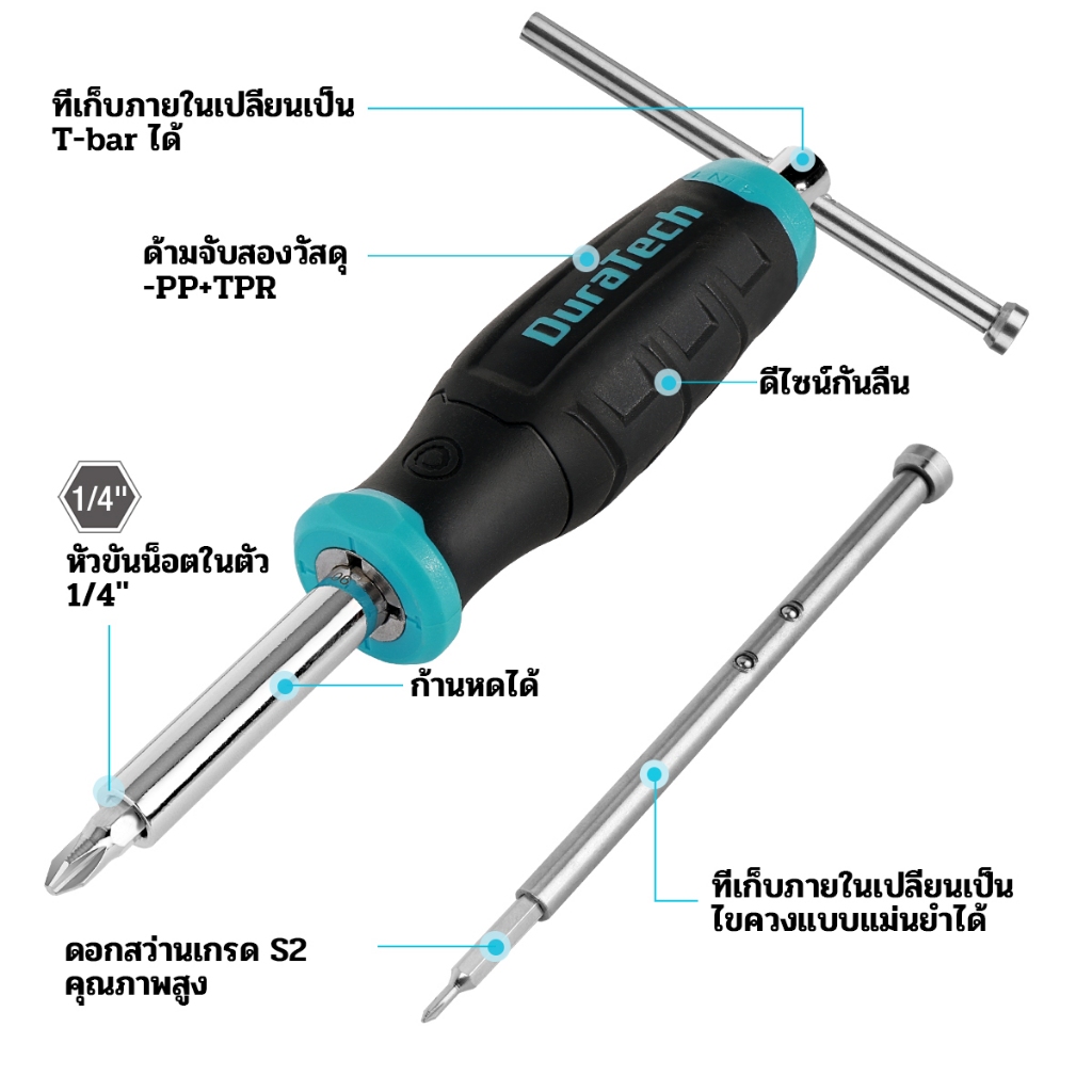 ชุดไขควง DURATECH 18PC พร้อมไขควง T-bar และ Precision Stored in Shaft, Phillips/Slotted/Torx/Square, Professional All in One ชุดเครื่องมือสําหรับซ่อม - รูปที่ 2