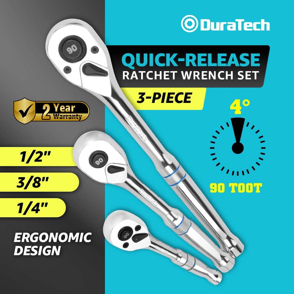 DURATECH 3 ชิ้น 90 ฟัน Quick-release ชุดประแจวงล้อ (1/4", 3/8", 1/2"), ชุดเครื่องมือมืออาชีพเหล็กโครเมี่ยม, มาตรฐาน ANSI, ประแจกระบอกเปลี่ยนง่ายพร้อมที่จับ Blue Accent