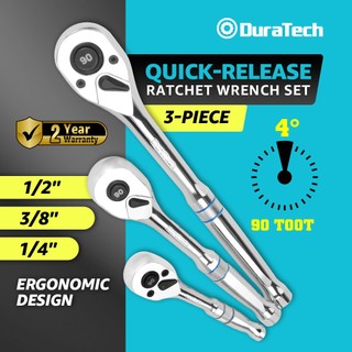 DURATECH 3 ชิ้น 90 ฟัน Quick-release ชุดประแจวงล้อ (1/4", 3/8", 1/2"), ชุดเครื่องมือมืออาชีพเหล็กโครเมี่ยม, มาตรฐาน ANSI, ประแจกระบอกเปลี่ยนง่ายพร้อมที่จับ Blue Accent