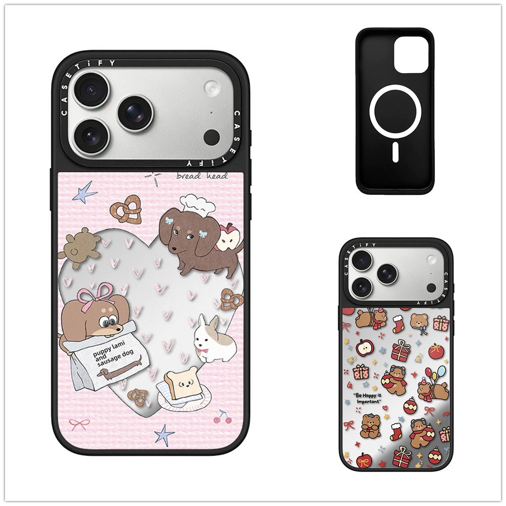 แม่เหล็กไร้สายสําหรับiPhone 17 16 15 14 13 12 11 Pro Max Plus Heart Dogs Black Edge Hardปกหลังกรณีแกะสลักโลโก้