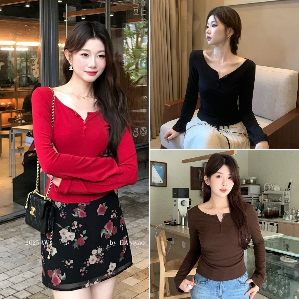 Hotgirl พร้อมส่ง เสื้อยืดแขนยาวคอวีเซ็กซี่สำหรับผู้หญิง ด้วยปุ่ม สไตล์เกาหลี สีพื้น ทรงเข้ารูป