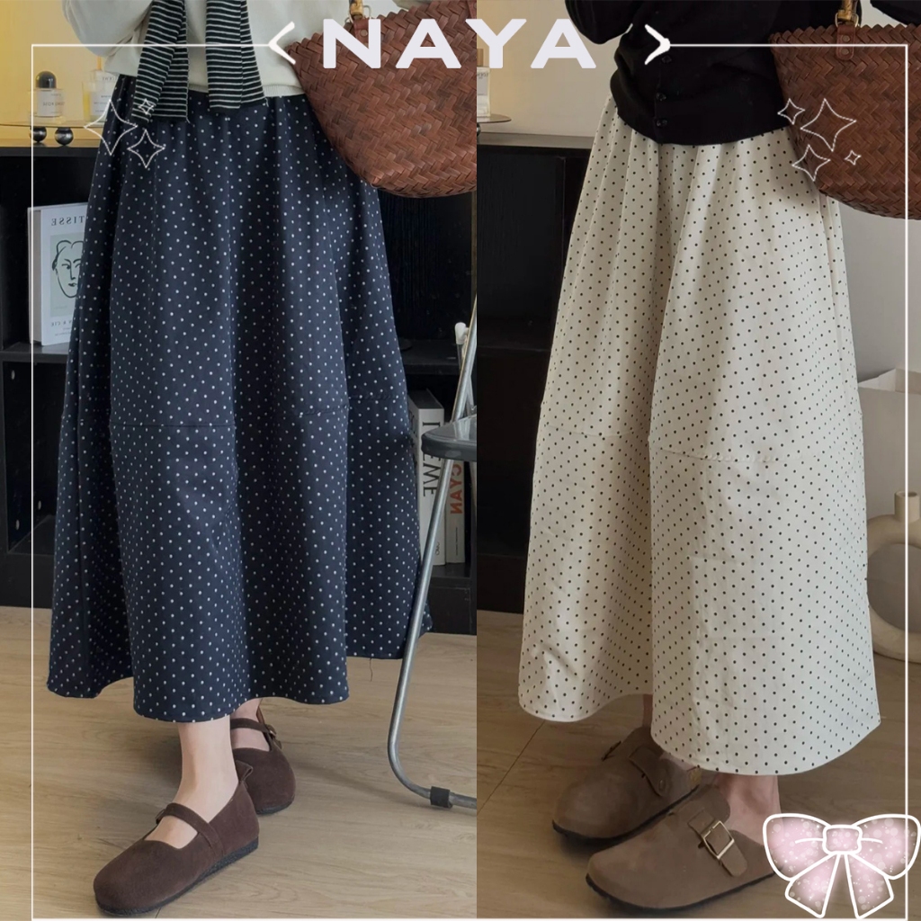 กระโปรงลายจุด ยาวปานกลาง Polka dot skirt สไตล์คลาสสิก สวมใส่สบาย มีกระเป๋าและซับใน Size S-XXXL พร้อมส่ง