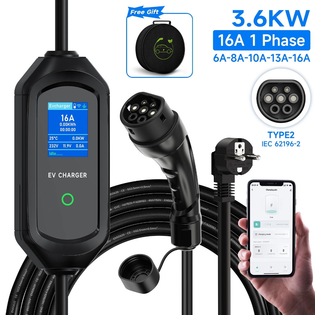 EV Charger EU Plug 10M, [3.6kW, 16A] EV Charger Cable Type 2 IEC62196-2, IP66 Electric Car Charger T