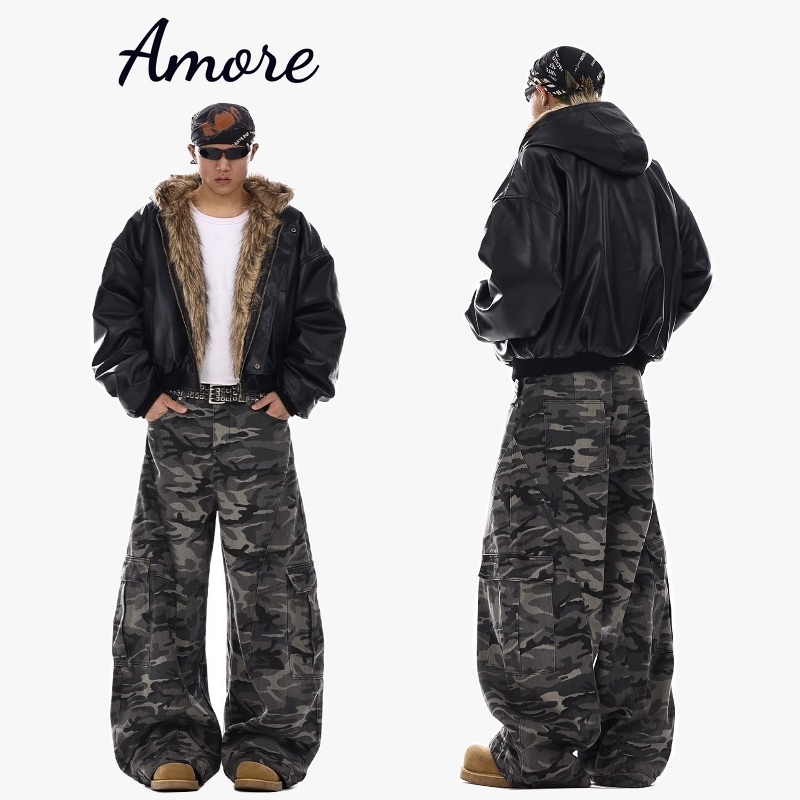 กางเกงยีนส์ขากว้างสีเขียวทหารลายพรางสําหรับผู้ชายที่มีการออกแบบกระเป๋าขนาดใหญ่กางเกงลําลองและหลวม