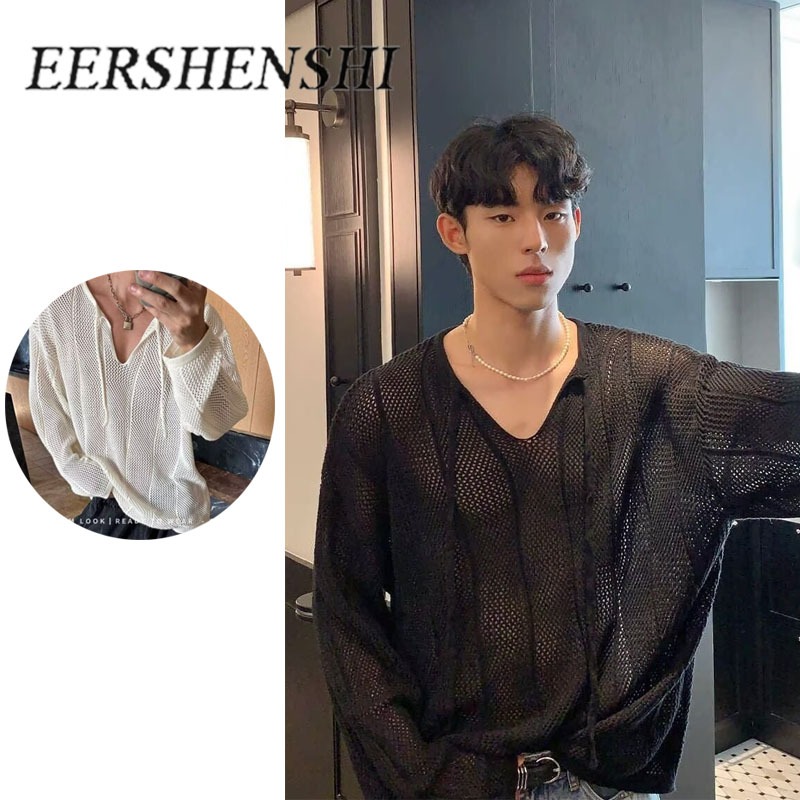 EERSHENSHI Retro V คอหลวมถักแขนยาว สไตล์แคชวล แฟชั่นเสื้อ