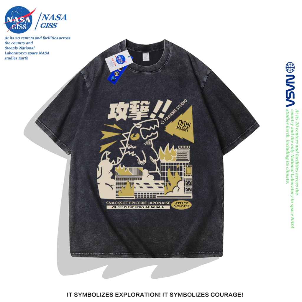 NASA เสื้อยืดฟอก oversize ชายหญิงแขนสั้น สตรีทฮิปฮอป summer มอนสเตอร์ พิมพ์ลาย คอตตอน100% คอกลม หลวมและระบายอากาศ