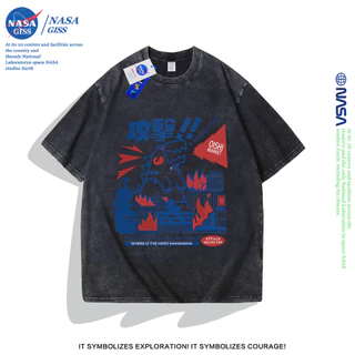 NASA เสื้อยืดฟอก oversize ชายหญิงแขนสั้น สตรีทฮิปฮอป summer มอนสเตอร์ พิมพ์ลาย คอตตอน100% คอกลม หลวมและระบายอากาศ