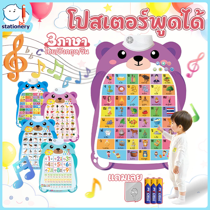โปสเตรพูดได้ 3 ภาษา โปสเตอร์สอนคำศัพท์ สือการสอน เรียนคำศัพ โปสตอร์กไก ผลไม้ ABC ของเล่นเสริมพัฒนาการเด็ก