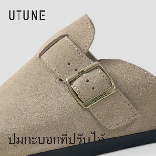 UTUNE รองเท้าบอร์เคนหนังแท้ หน้าผ้าหนังกลับ ปรับสายได้ พื้นกลางไม้คอร์กธรรมชาติ สไตล์วินเทจ แบบสวม หัวปิด ครึ่งรองเท้า