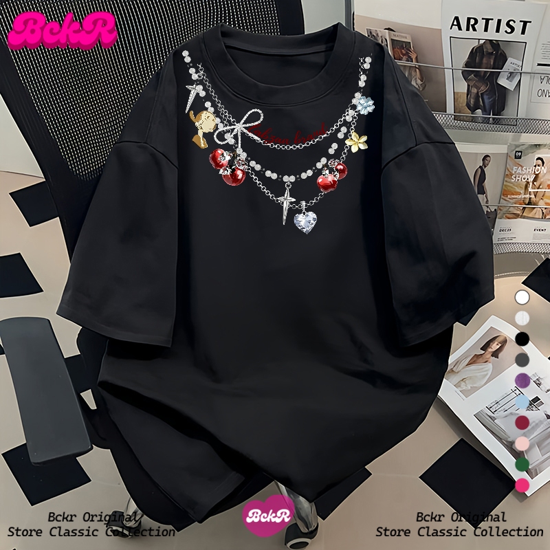 【จัดส่งตลอด 24 ชั่วโมง】🔥BCKR ดีไซน์เก๋ ลายพิมพ์สร้อยคอ เสื้อผญ เสื่อยืด📿oversize คอกลม เสื้อYG1400