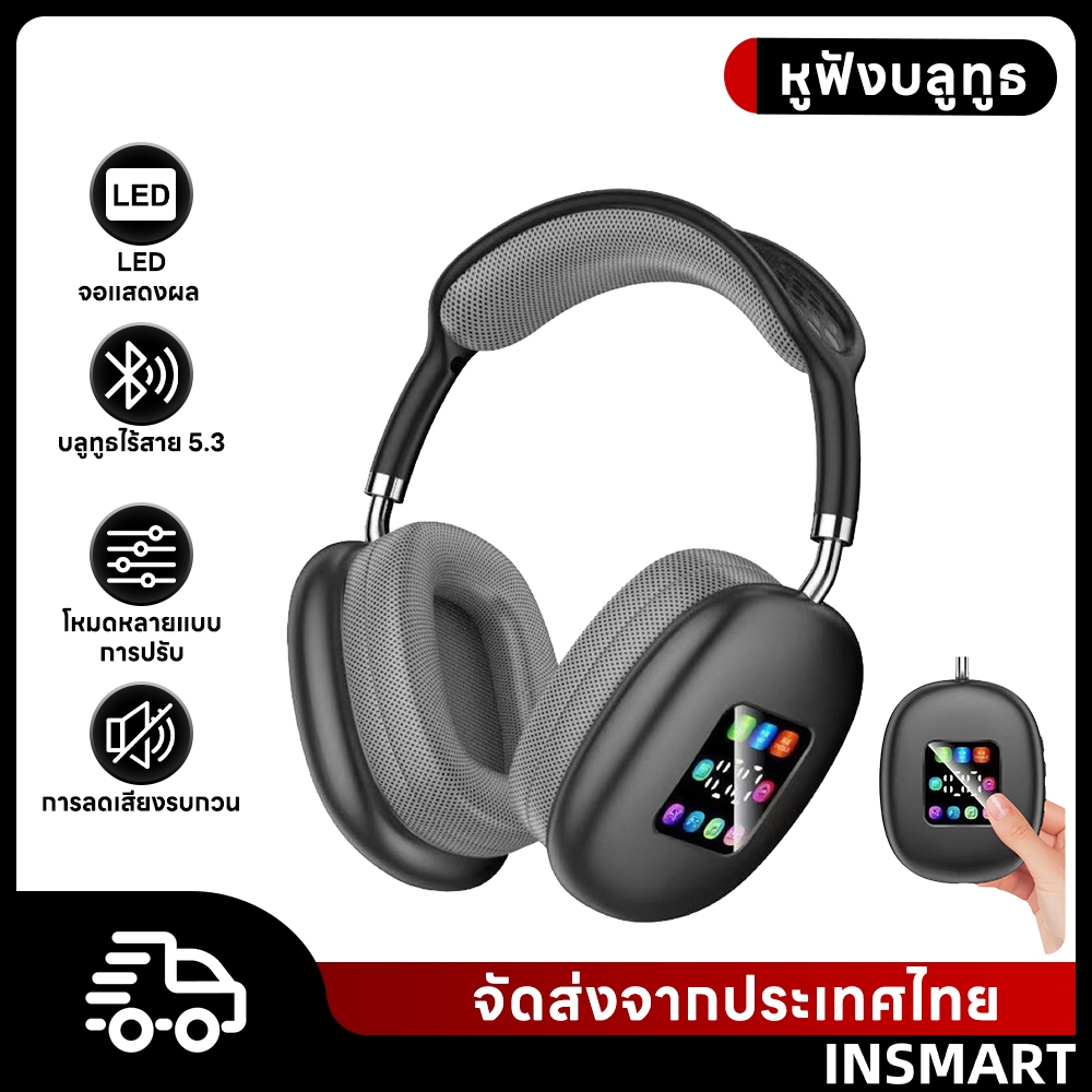 INSMART หูฟังบลูทูธ หูฟังครอบหู ไมโครโฟนในตัว หูฟังไร้สายแบบพกพาจอแสดงผล LED