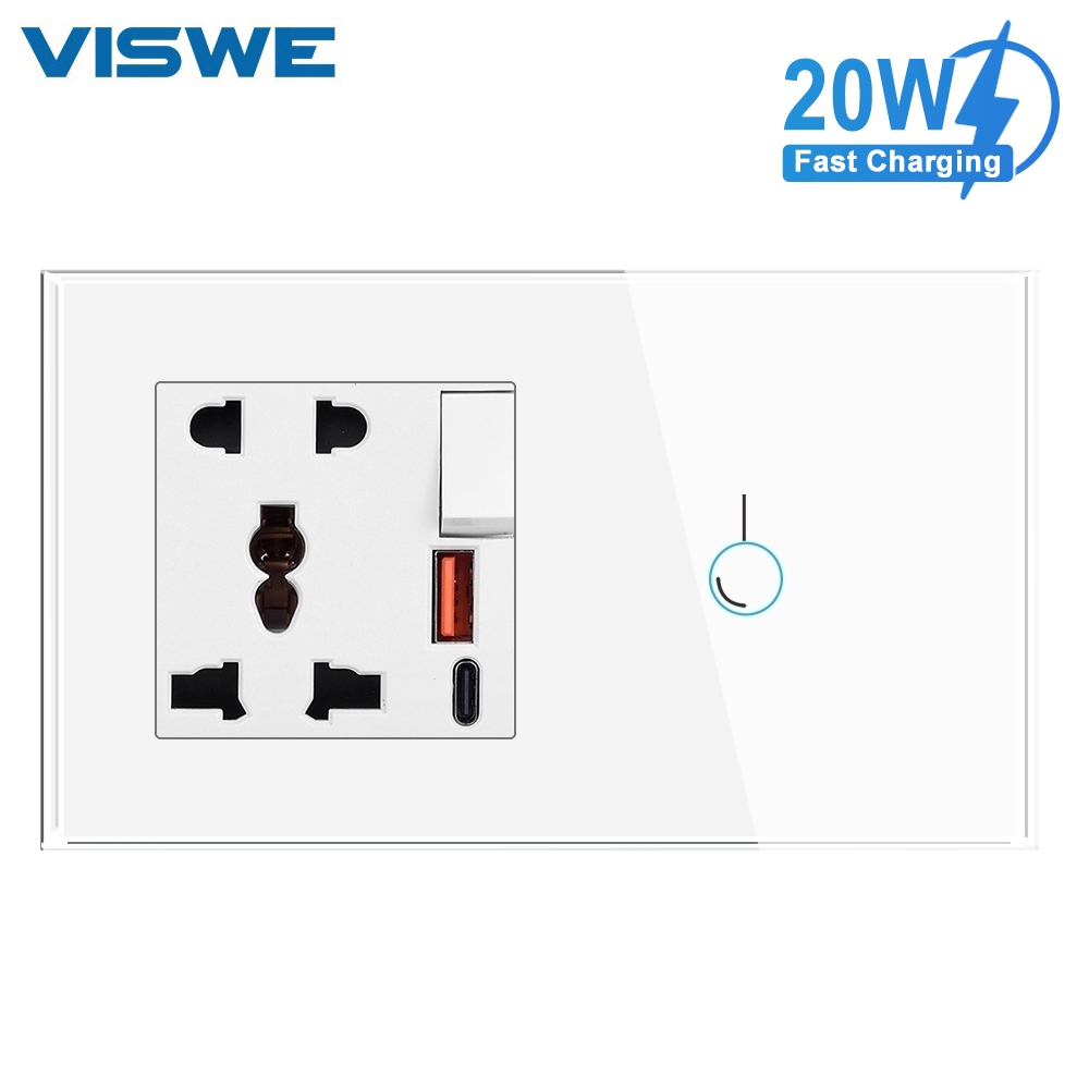 VISWE สวิตช์สัมผัสและกด พร้อมซ็อกเก็ต สีขาว กระจกนิรภัย ซีรีย์ 147A6