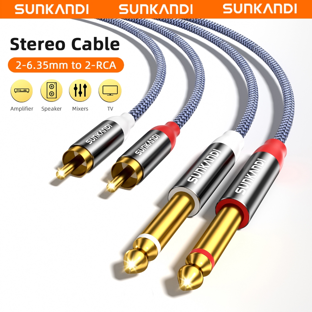 Sunkandi 2 สายสัญญาณเสียงชาย 6.35 ของ RCA ตัวผู้เป็นคู่ใช้สําหรับเครื่องขยายเสียง