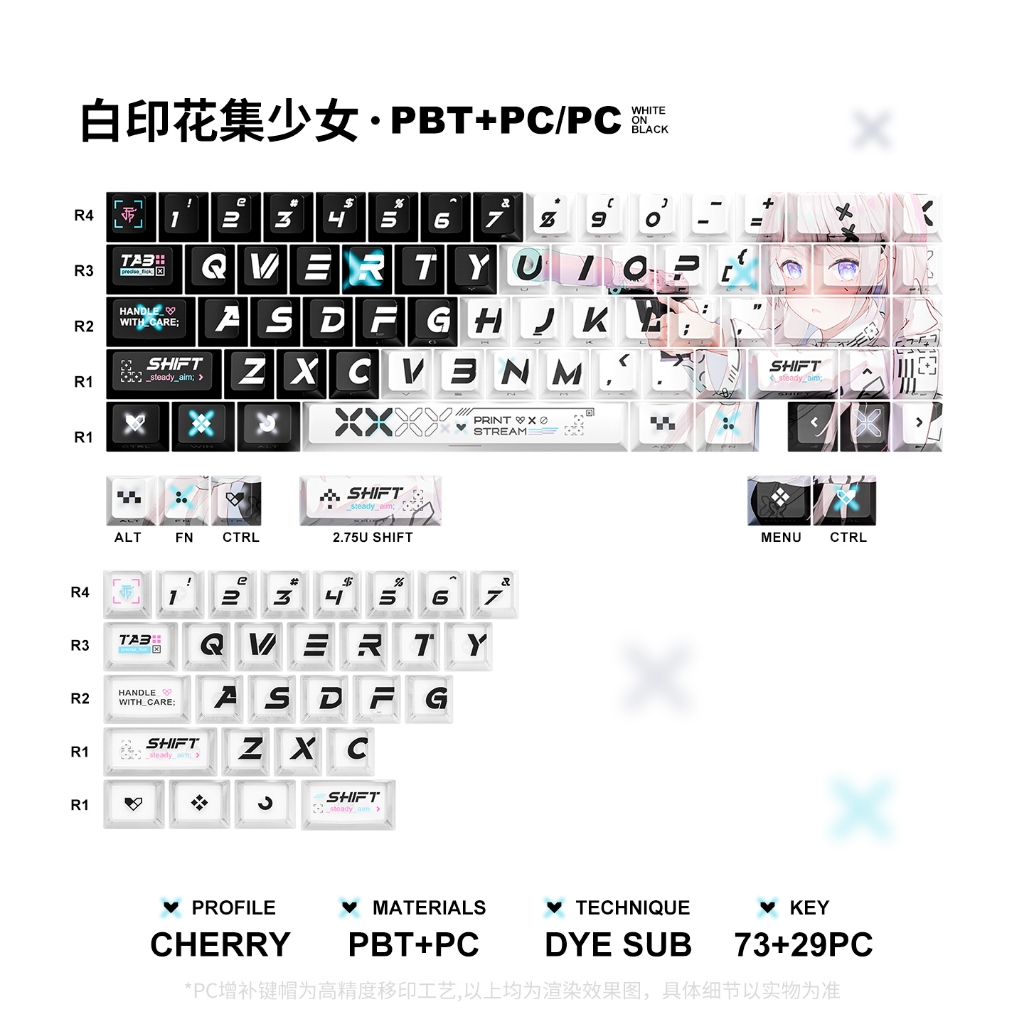 TITAN NATION การพิมพ์ชุดสาว Keycap เหมาะสําหรับ 60/65/68 ระเหิดโรงงานเดิมด้านข้างโปร่งใส Keycap