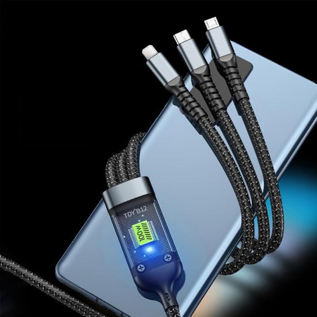 3 in 1 100w High Current Charger,โปร่งใสส่องสว่าง Super Fast สายชาร์จ,หลายสายชาร์จไนลอน 78 สําหรับโท
