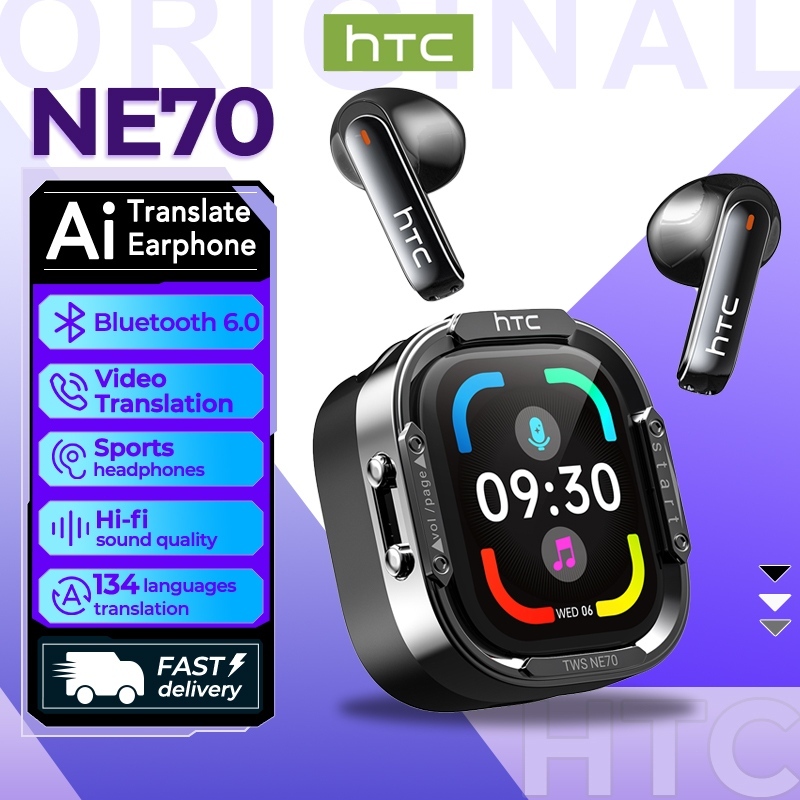HTC NE70 หูฟังแปลภาษาด้วย AI Bluetooth 6.0 รองรับ 134 ภาษา หน้าจอ LCD อัจฉริยะ คุณภาพเสียงเบสหนักแน่นแบบ TWS ไมโครโฟน การโทรแบบ HD หูฟังสำหรับออกกำลังกาย กันน้ำระดับ IPX5