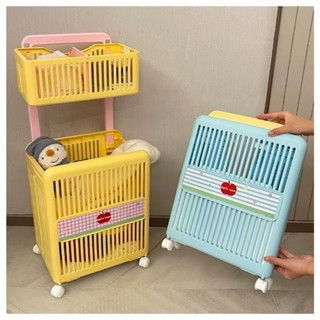 ตะกร้าเสื้อผ้าสกปรกสองชั้นรถเข็นขนาดเล็กพร้อมล้อตะกร้าเก็บแบ…