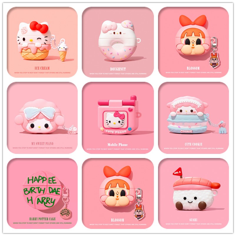 เคส Hello Kitty น่ารักสําหรับ AirPods4/4ANC/1/2/3/Pro/Pro2/Pro3 เคสซิลิโคนอ่อนนุ่มพร้อมคาราบิเนอร์