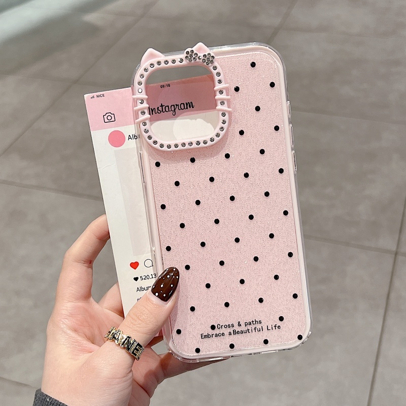 พรีเมี่ยมเพชรสีชมพูเรียงรายหูแมวกลิตเตอร์สีชมพูลายจุดเคสโทรศัพท์เหมาะสําหรับ ไอโฟน 11 12 13 14 15 16 17 มือโปร สูงสุด รวมทุกอย่างเคสซิลิโคนป้องกันการตก