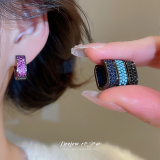 เดรช ที่มีสีสัน พลอยเทียม ต่างหูสตั๊ดผู้หญิงสีดํากรอบสีฟ้า/ส…