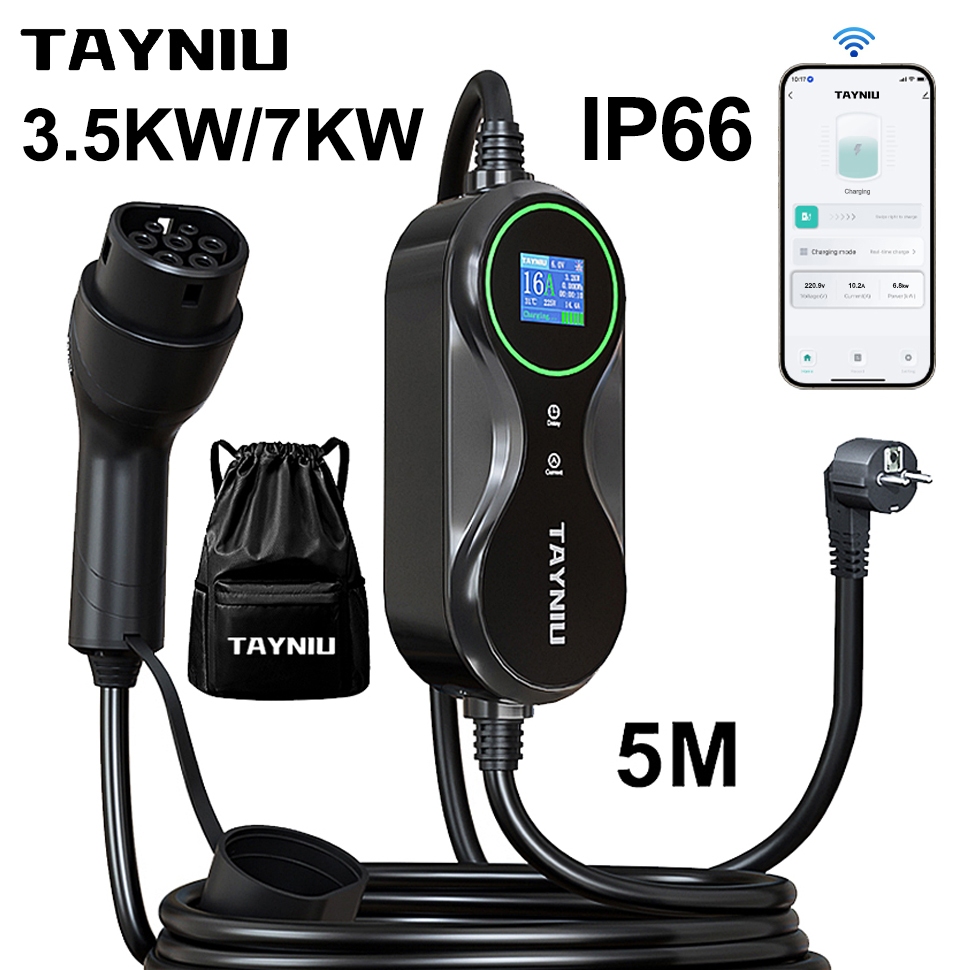 TAYNIU EV Charger 16A 3.5KW 32A 7KW Type 2 พร้อมสาย 5 เมตรและ WiFi APP สําหรับ BYD,MG,BMW และอื่นๆ