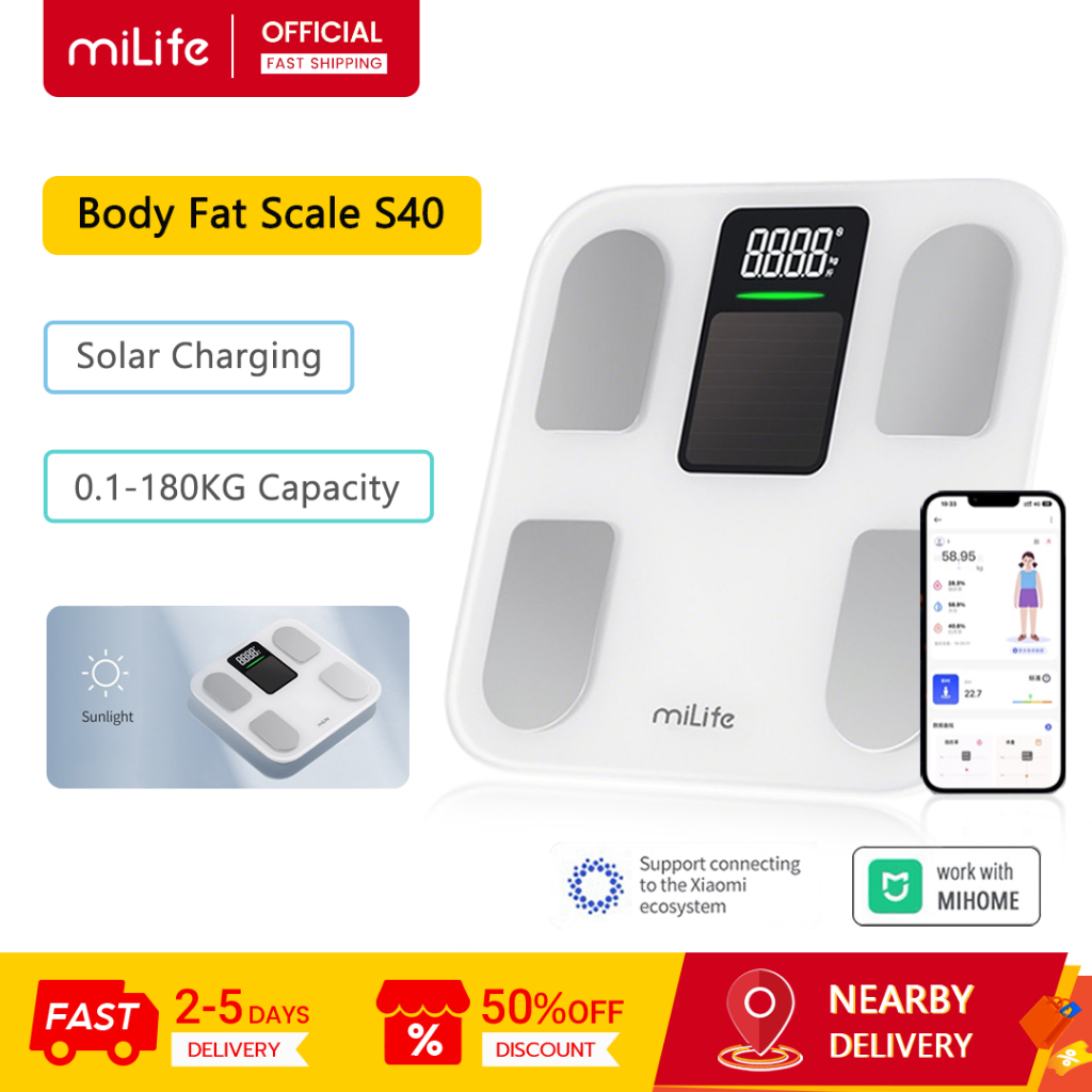 MiLife S40 เครื่องชั่งไขมันในร่างกายอัจฉริยะ 180 กก.ชั่งน้ําหนัก 4 โหมดสมาร์ทพลังงานแสงอาทิตย์รองรับ