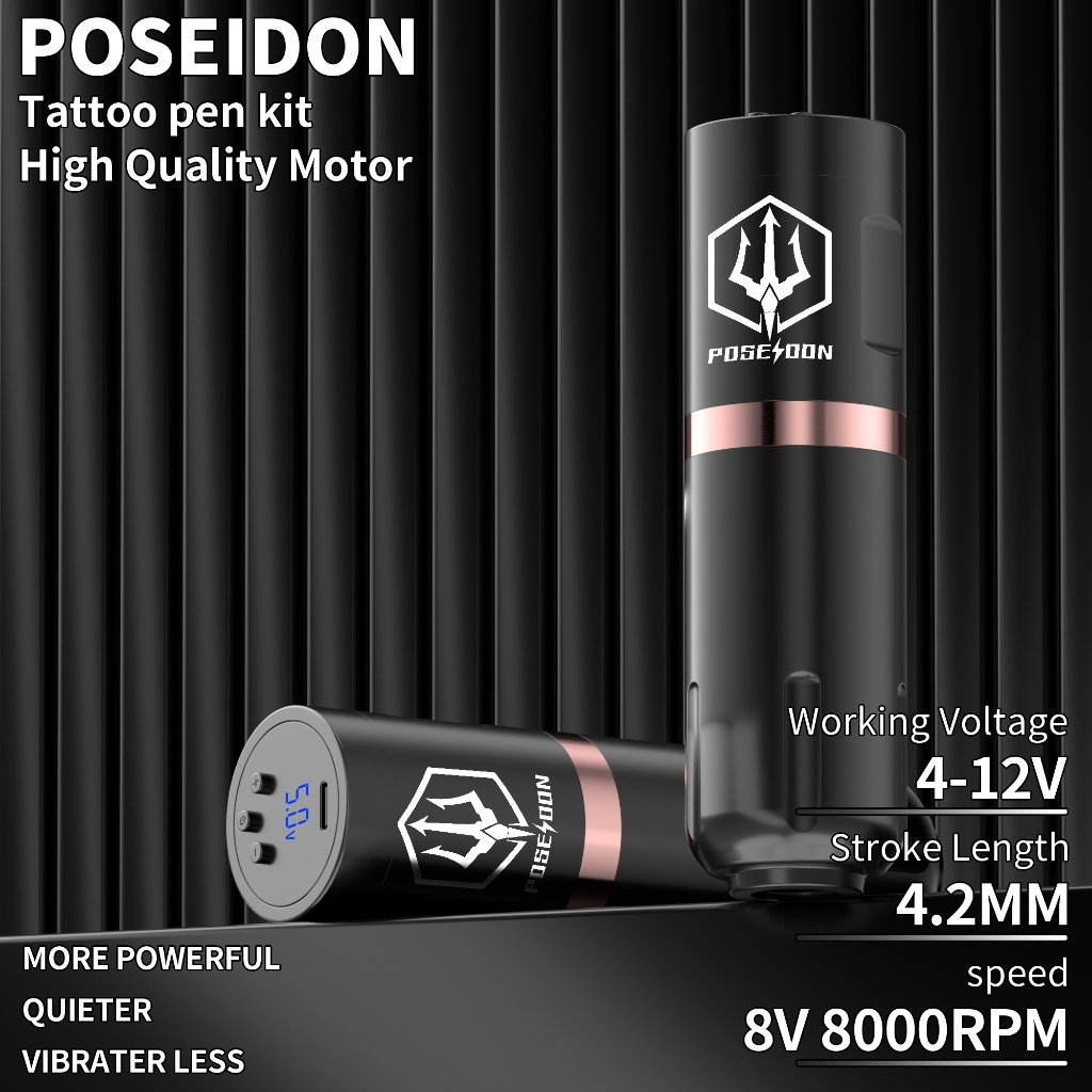 ปากกาสักไร้สาย POSEIDON พร้อมแหล่งจ่ายไฟ 1500mAh - เครื่องสักโรตารีพลาสติกสําหรับผู้เริ่มต้นและศิลปิน - อุปกรณ์สักมืออาชีพ