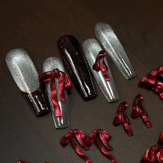 Rou Bao 50 ชิ้นเล็บไวน์แดง Pearlescent นุ่มแกะสลักโบว์ริบบิ้นเล็บ Art DIY ตกแต่ง