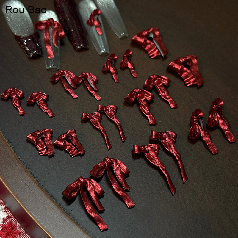 Rou Bao 50 ชิ้นเล็บไวน์แดง Pearlescent นุ่มแกะสลักโบว์ริบบิ้นเล็บ Art DIY ตกแต่ง