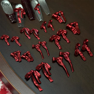 Rou Bao 50 ชิ้นเล็บไวน์แดง Pearlescent นุ่มแกะสลักโบว์ริบบิ้นเล็บ Art DIY ตกแต่ง