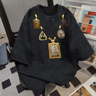 LABZAA วินเทจฟอกน้ำ🌟เสื้อยืดแขนสั้นคอกลม ลายพระพุทธรูปห้อยคอ ผ้าฝ้าย ระบายอากาศ นุ่มใส่สบาย YG1266