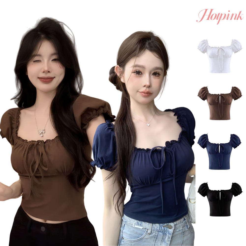 Hotpink ส่งจาก Bangkok เสื้อยืดผู้หญิงสไตล์ยุโรป-อเมริกา แขนสั้นพัฟ แบบเปิดหลังเชือกรองเท้า ทรงเพรียว