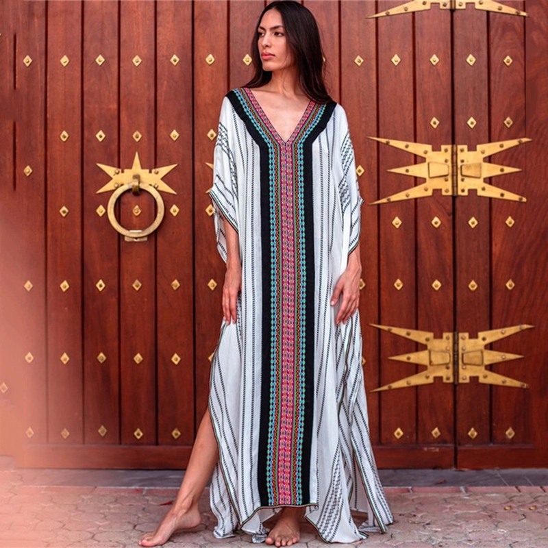 Pareo Beach Tunic V คอพิมพ์ Maxi Dress Sarong Beach Kaftan ผู้หญิง Oversize แยก Vestidos ชุดว่ายน้ํา