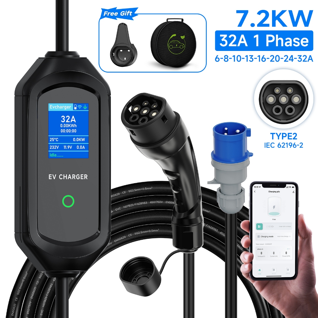 AFYEEV 32A 7KW Type2 IEC62196-2 EV Charger แบบพกพาไฟฟ้าเครื่องชาร์จ 1 เฟส EVSE ชาร์จ 5M สาย WiFi APP