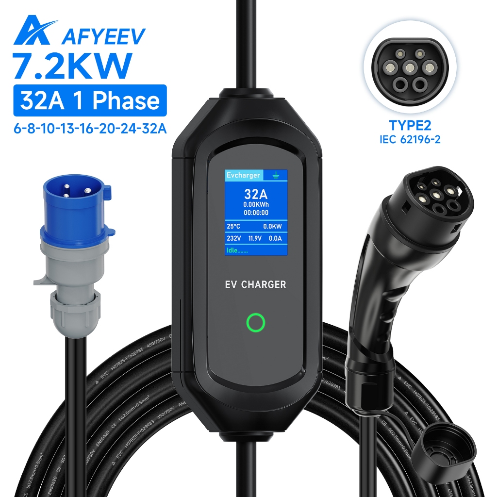 AFYEEV 7kW EV Charger Type 2 ถึง CEE Plug, 6-32A ปรับกระแสไฟ / 1 เฟส / IP66 กันน้ํา, สายชาร์จรถยนต์ไฟฟ้าพร้อมจอแสดงผล LED
