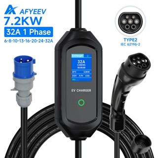 AFYEEV 7kW EV Charger Type 2 ถึง CEE Plug, 6-32A ปรับกระแสไฟ…