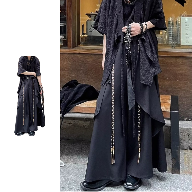 LANSBOTER กางเกงผู้ชายฤดูใบไม้ผลิญี่ปุ่นใหม่สไตล์จีน Yamamoto Casual Lazy Samurai Hakama กระโปรงกางเกง