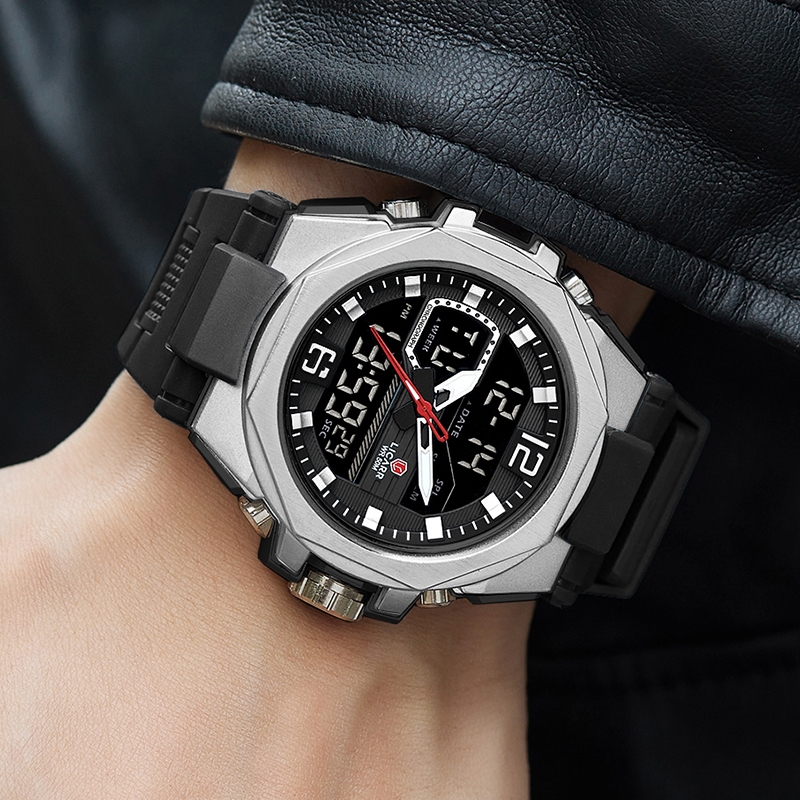 ลิการ์ แบรนด์ชั้นนําแฟชั่นนาฬิกาผู้ชายกีฬากันน้ําปลุกปฏิทินแสงจอแสดงผลคู่นาฬิกาจับเวลา 9542