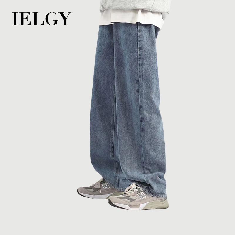 IELGY กางเกงยีนส์เอวยางยืดย้อนยุคลําลองผู้ชายล้าง