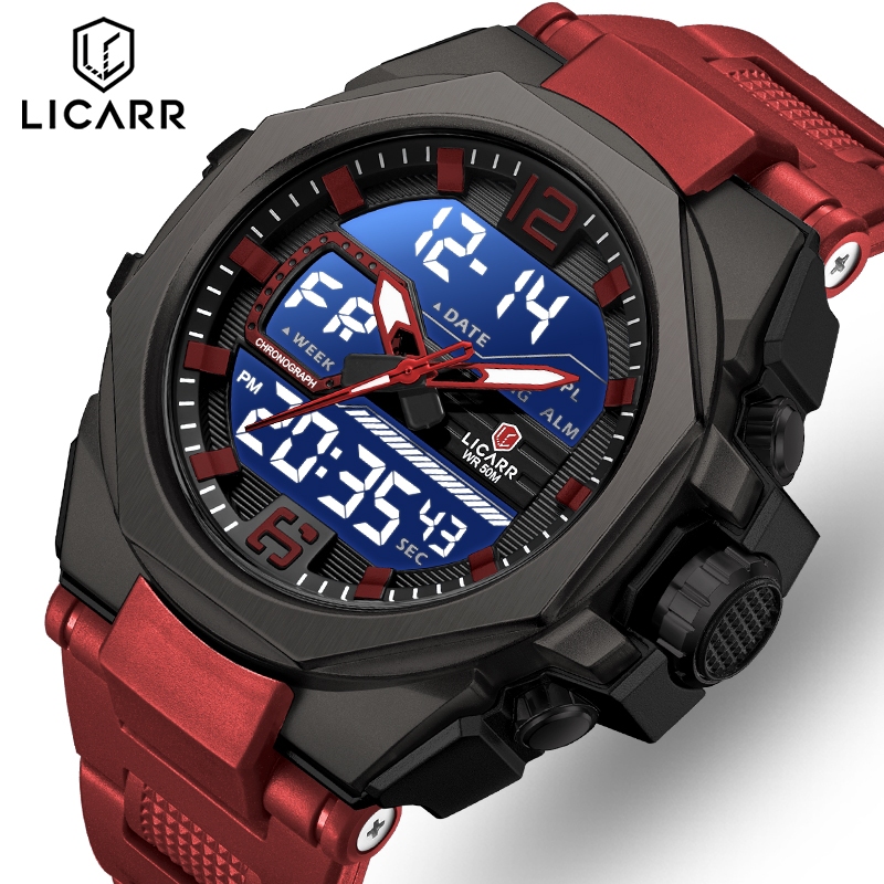 ลิคาร์ แบรนด์ชั้นนําแฟชั่นนาฬิกาผู้ชายกีฬากันน้ําปลุกปฏิทินแสงดิจิตอลควอตซ์นับถอยหลัง9542